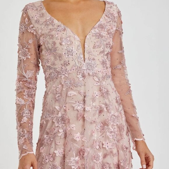 Mac Duggal 70224 Pink Floral Applique Long Sleeve Illusion Gown NWT Size 8 - Picture 3 of 6